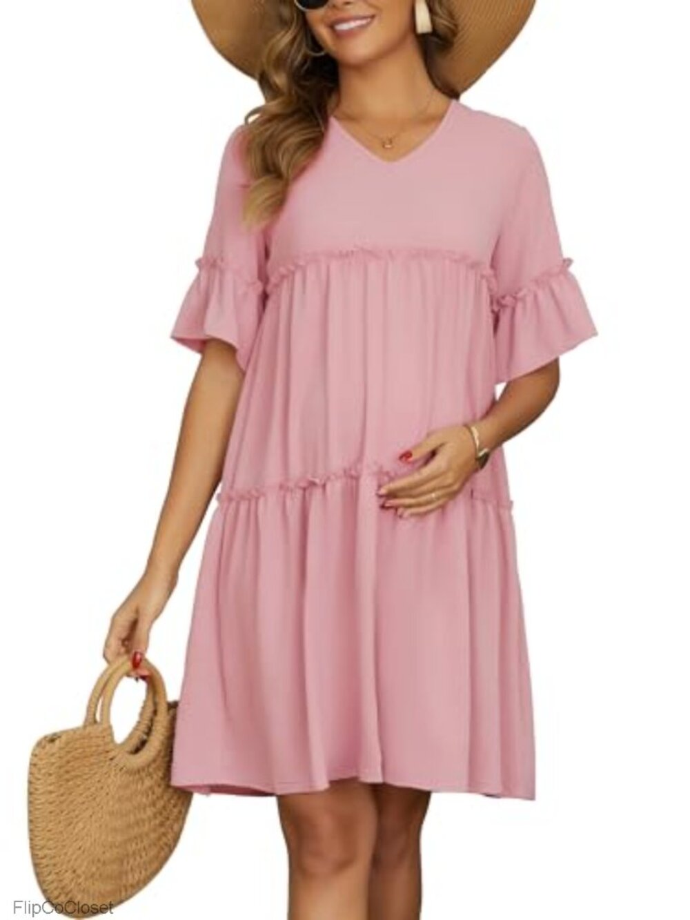 Maternity Babydoll Dress Summer Ruffled Short Sleeve Tiered Loose Fit